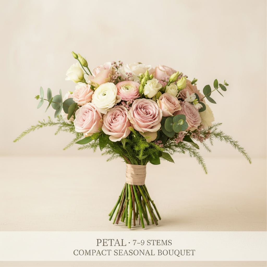 Petal plan with 7–9 stems and a compact seasonal bouquet