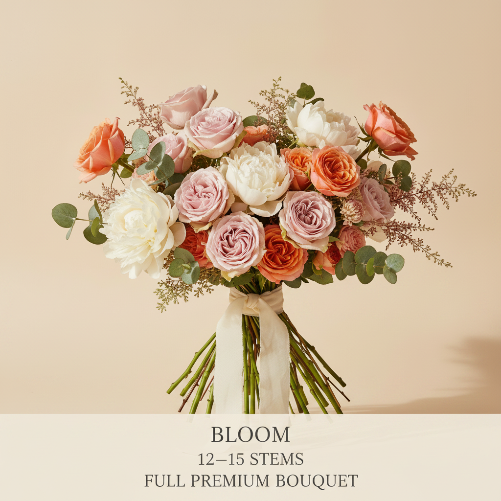 Bloom plan with 12–15 stems and a full premium bouquet